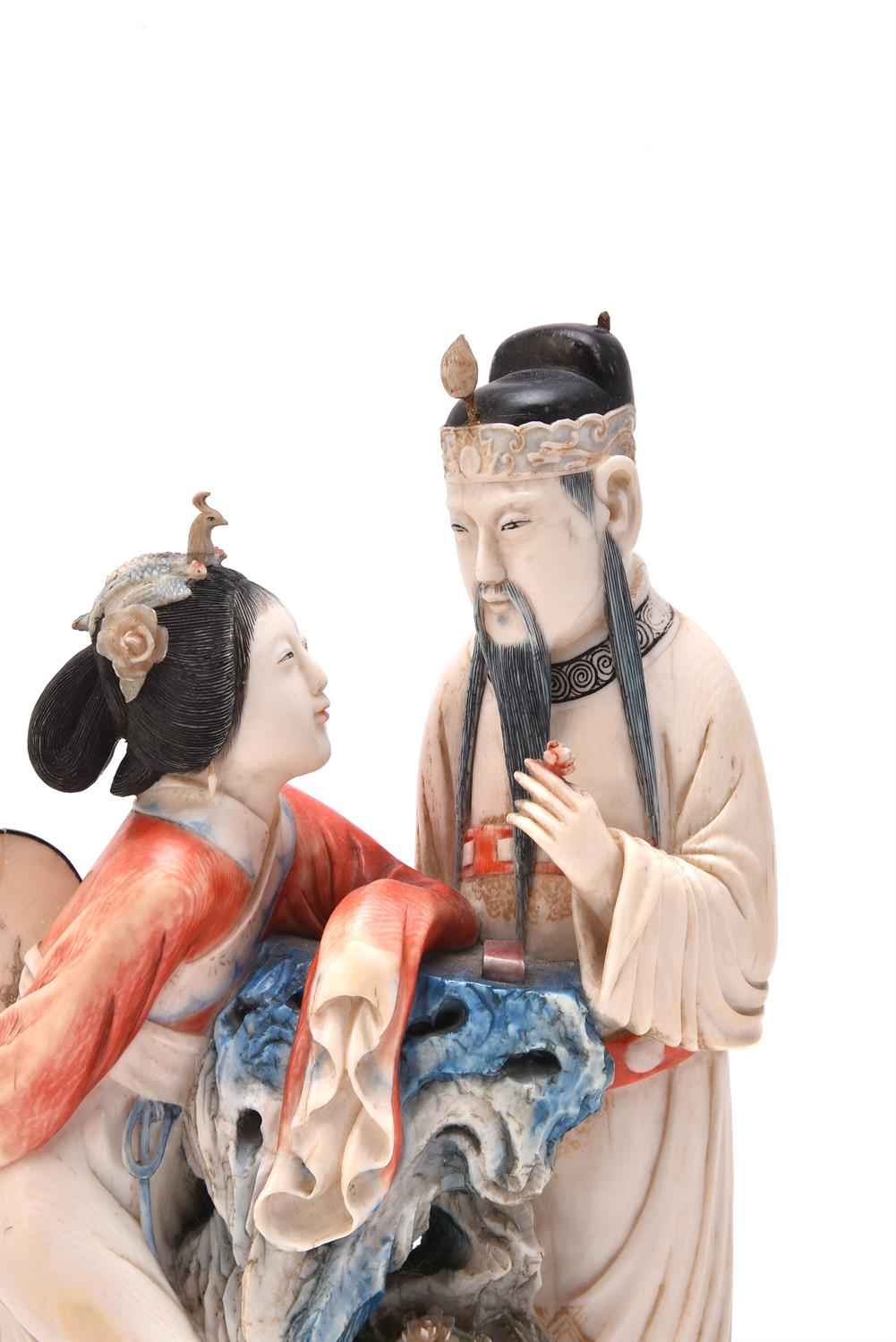 Y A Chinese stained ivory figure group of a court lady and an officer - Image 2 of 4