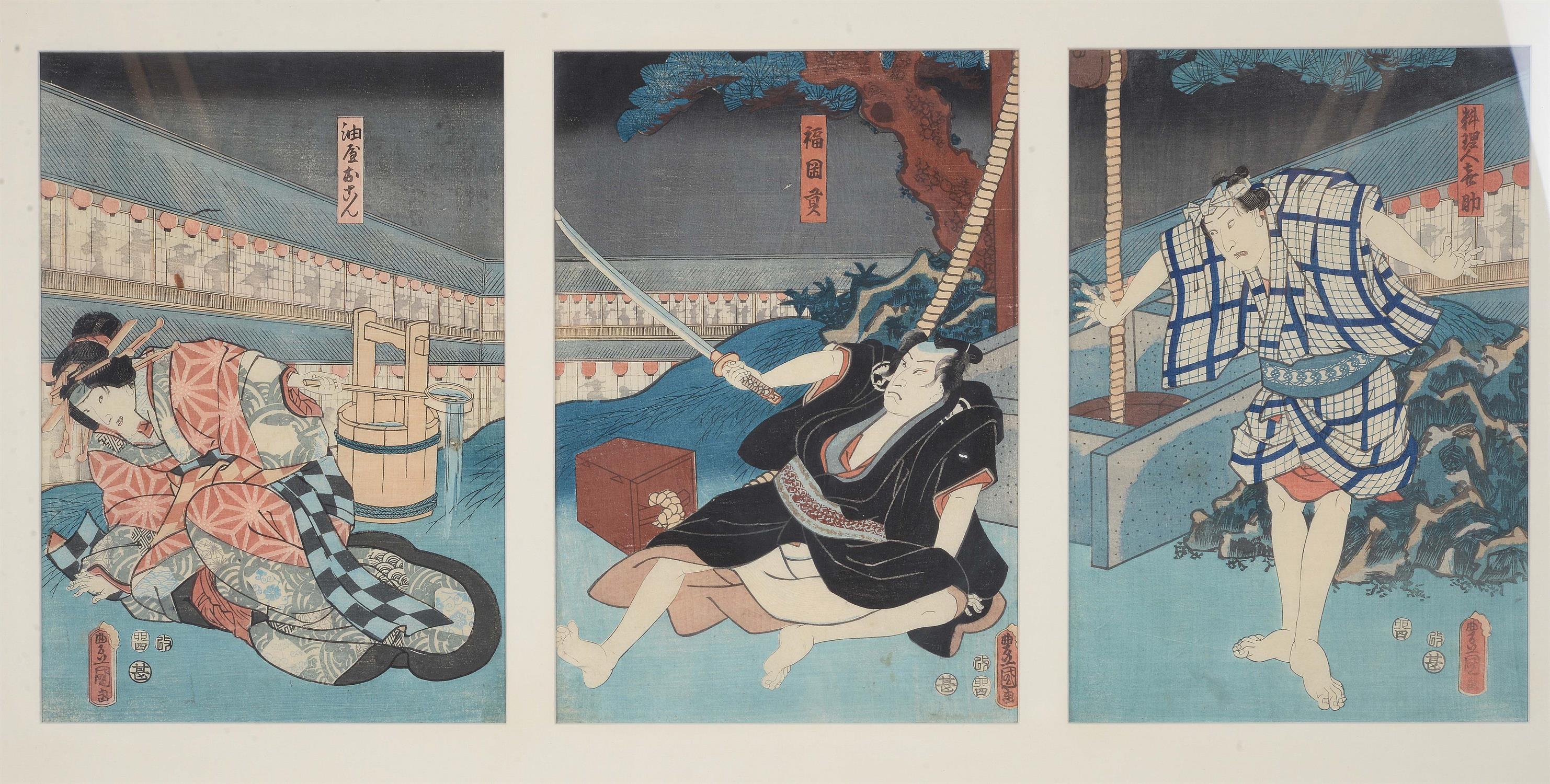 Utagawa Kunisada (Toyokuni III): Nine woodblock printed ukiyo-e triptychs - Image 9 of 10