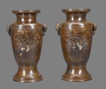 A Pair of Japanese Inlaid Bronze Vases