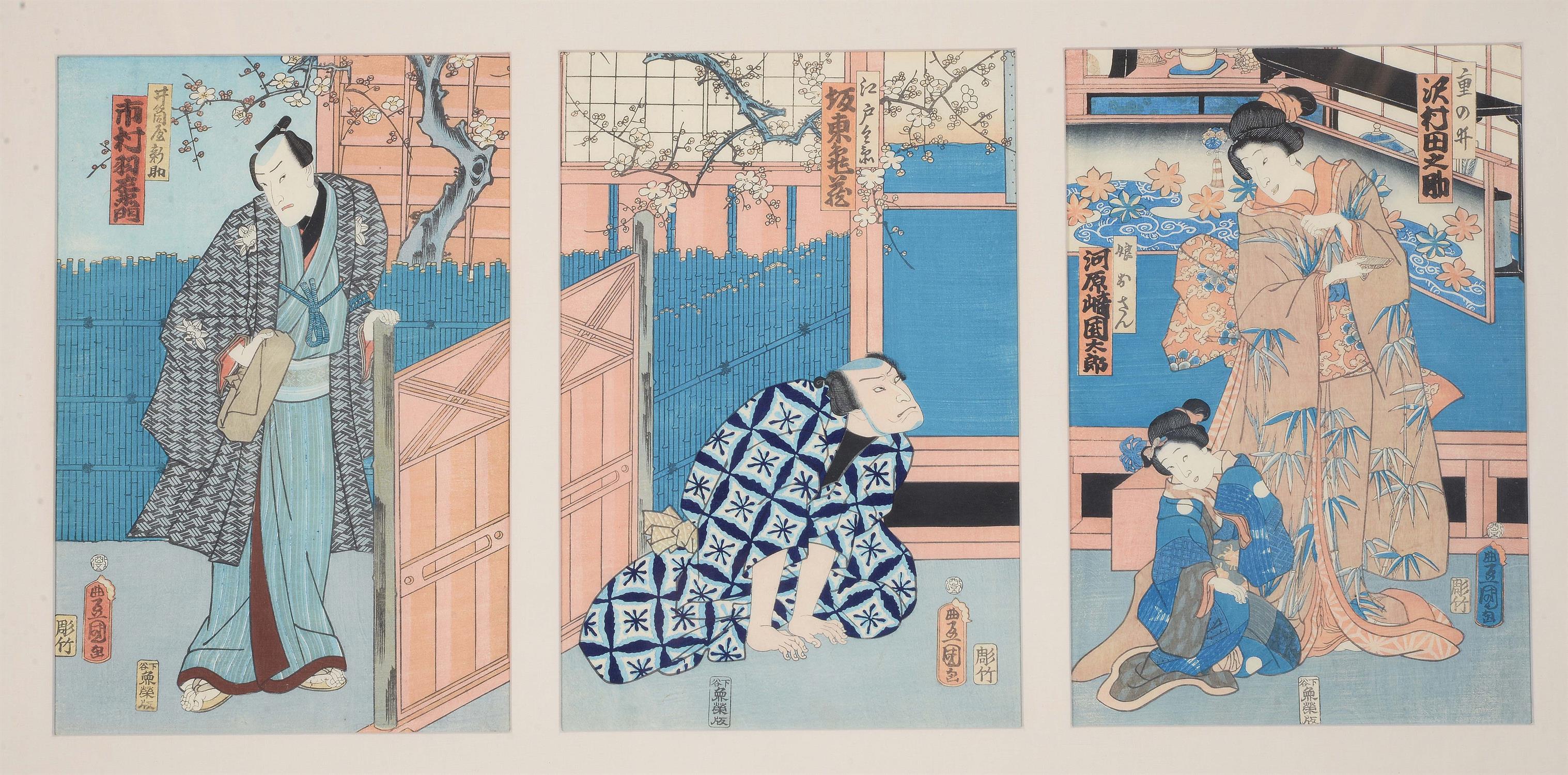 Utagawa Kunisada (Toyokuni III): Nine woodblock printed ukiyo-e triptychs - Image 7 of 10