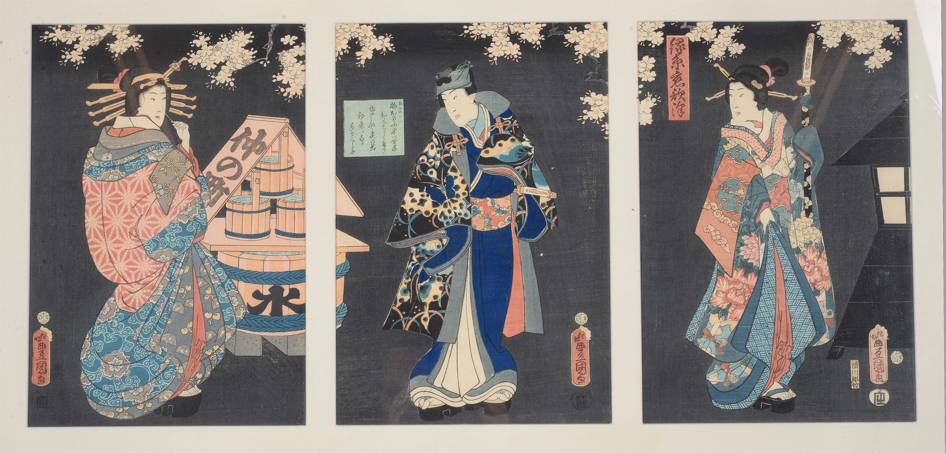 Utagawa Kunisada (Toyokuni III): Nine woodblock printed ukiyo-e triptychs - Image 8 of 10