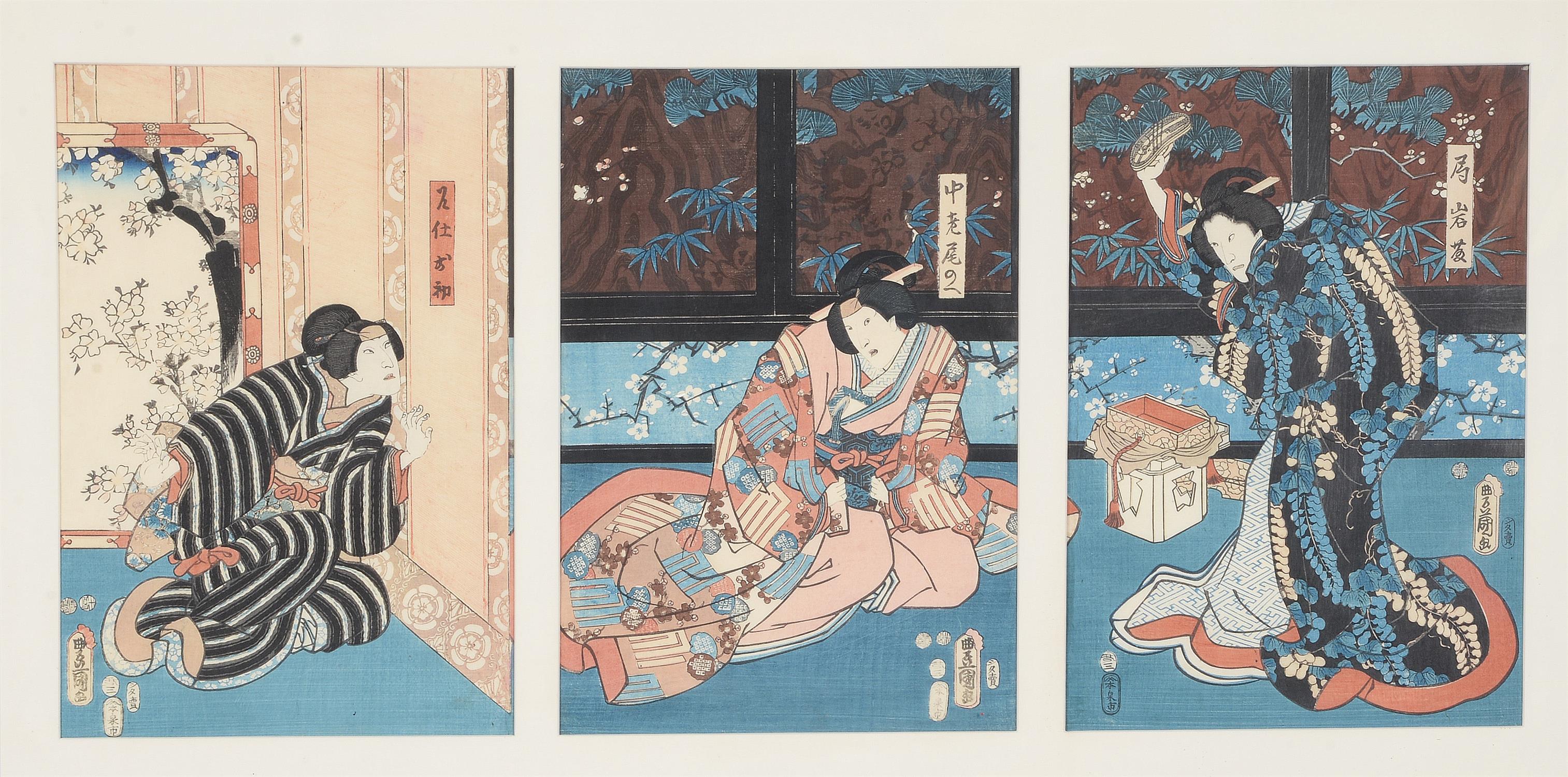 Utagawa Kunisada (Toyokuni III): Nine woodblock printed ukiyo-e triptychs - Image 3 of 10