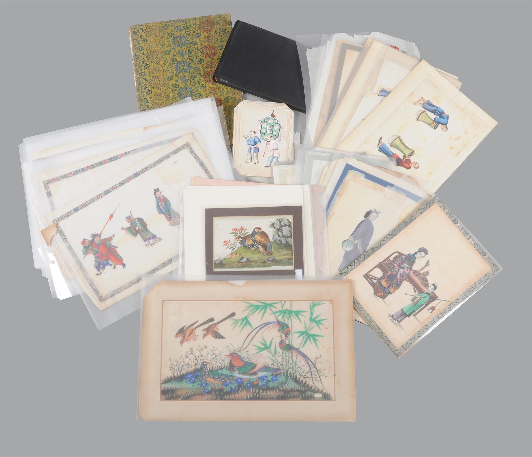 A group of approximately eighty-six Chinese export pith paper paintings and one bodhi leaf painting