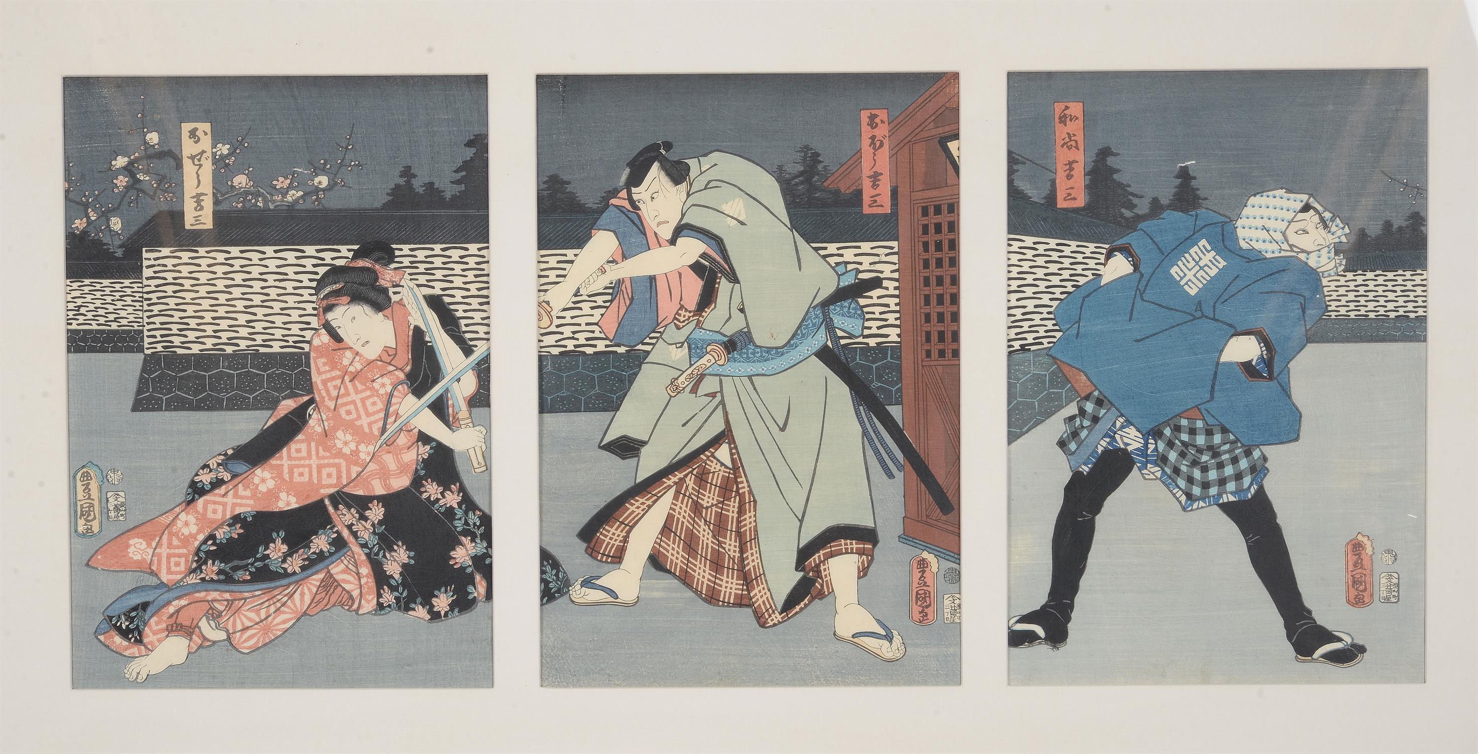 Utagawa Kunisada (Toyokuni III): Nine woodblock printed ukiyo-e triptychs - Image 10 of 10