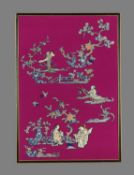 Two Chinese panels appliqued with Chinese embroideries worked in Pekin knot and satin stitch
