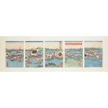 Utagawa Sadahide (1807-1873): An unusual woodblock printed pentaptych in inks on paper depicting the