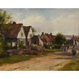 Frederick Waters Watts (British 1800-1862) , Cart outside a country cottage, village scene beyond