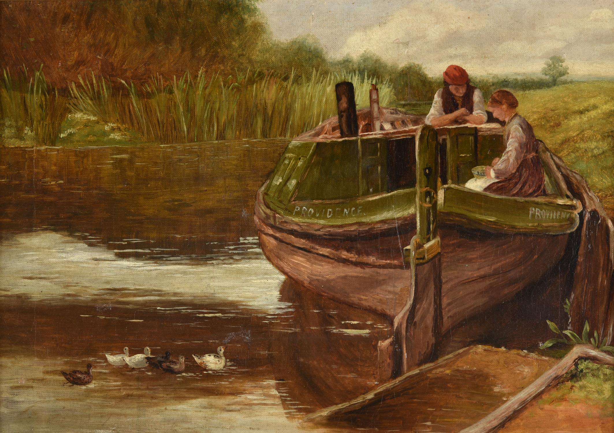 English School (19th century), Figures in a boat, with ducks on the river