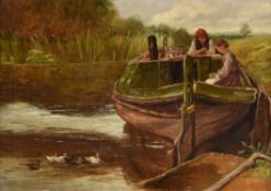 English School (19th century), Figures in a boat, with ducks on the river