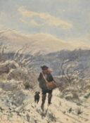 Henri Joseph Harpignes (French 1819-1916), A figure and his dog in a snowy landscape