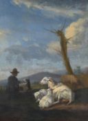 Circle of Karen Dujardin (Dutch 1622-1678), Sheep in a landscape with shepherd and dog beyond