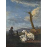 Circle of Karen Dujardin (Dutch 1622-1678), Sheep in a landscape with shepherd and dog beyond