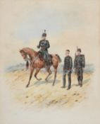 Orlando Norie (British 1832-1901) , A mounted soldier and two soldiers on foot