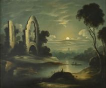 Manner of Sebastian Pether , Moonlit landscape with abbey ruins