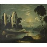 Manner of Sebastian Pether , Moonlit landscape with abbey ruins