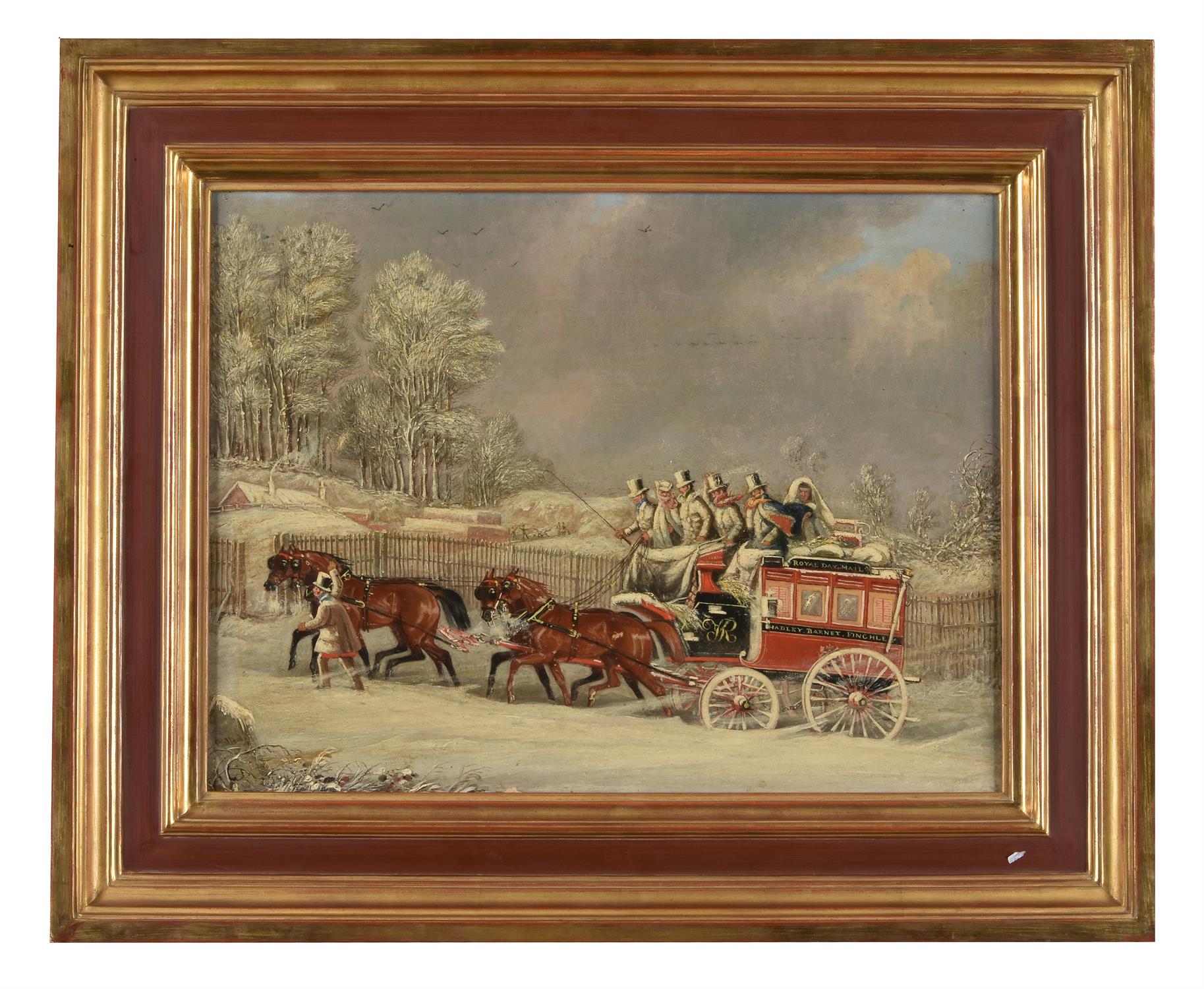 James Pollard (British 1755-1838) Royal Day Mail in a snowy landscape; and The Woodford Coach - Image 3 of 6