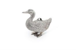 A Portuguese silver coloured novelty large duck tureen or box