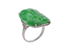 A French Art Deco diamond and jadeite panel ring