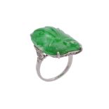 A French Art Deco diamond and jadeite panel ring