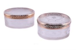 Two late 18th century gold mounted cut glass oval snuff boxes