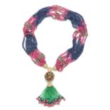A ruby, sapphire, emerald and diamond tassel necklace