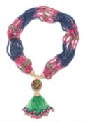 A ruby, sapphire, emerald and diamond tassel necklace