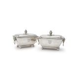 A pair of George III silver rounded rectangular sauce tureens and covers by John Robins