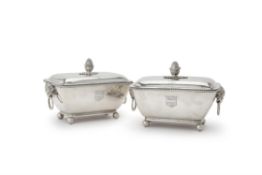 A pair of George III silver rounded rectangular sauce tureens and covers by John Robins