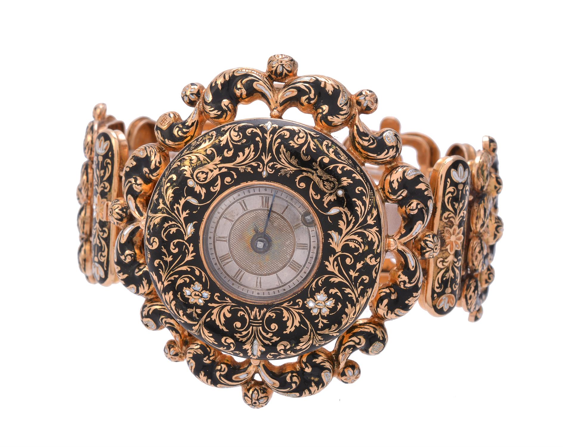 A gold coloured and Swiss enamel bracelet watch