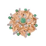 A 1950s French emerald and diamond flower head brooch