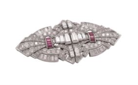 A mid 20th century diamond and ruby double clip brooch