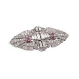 A mid 20th century diamond and ruby double clip brooch