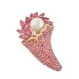 A French pink tourmaline and South Sea cultured pearl cornucopia brooch
