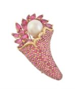 A French pink tourmaline and South Sea cultured pearl cornucopia brooch