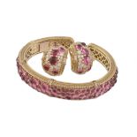 A pink tourmaline and diamond bangle and earrings by Judith Ripka