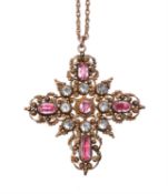 A Regency pink topaz and aquamarine gold cannetille cross pendant