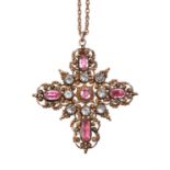 A Regency pink topaz and aquamarine gold cannetille cross pendant