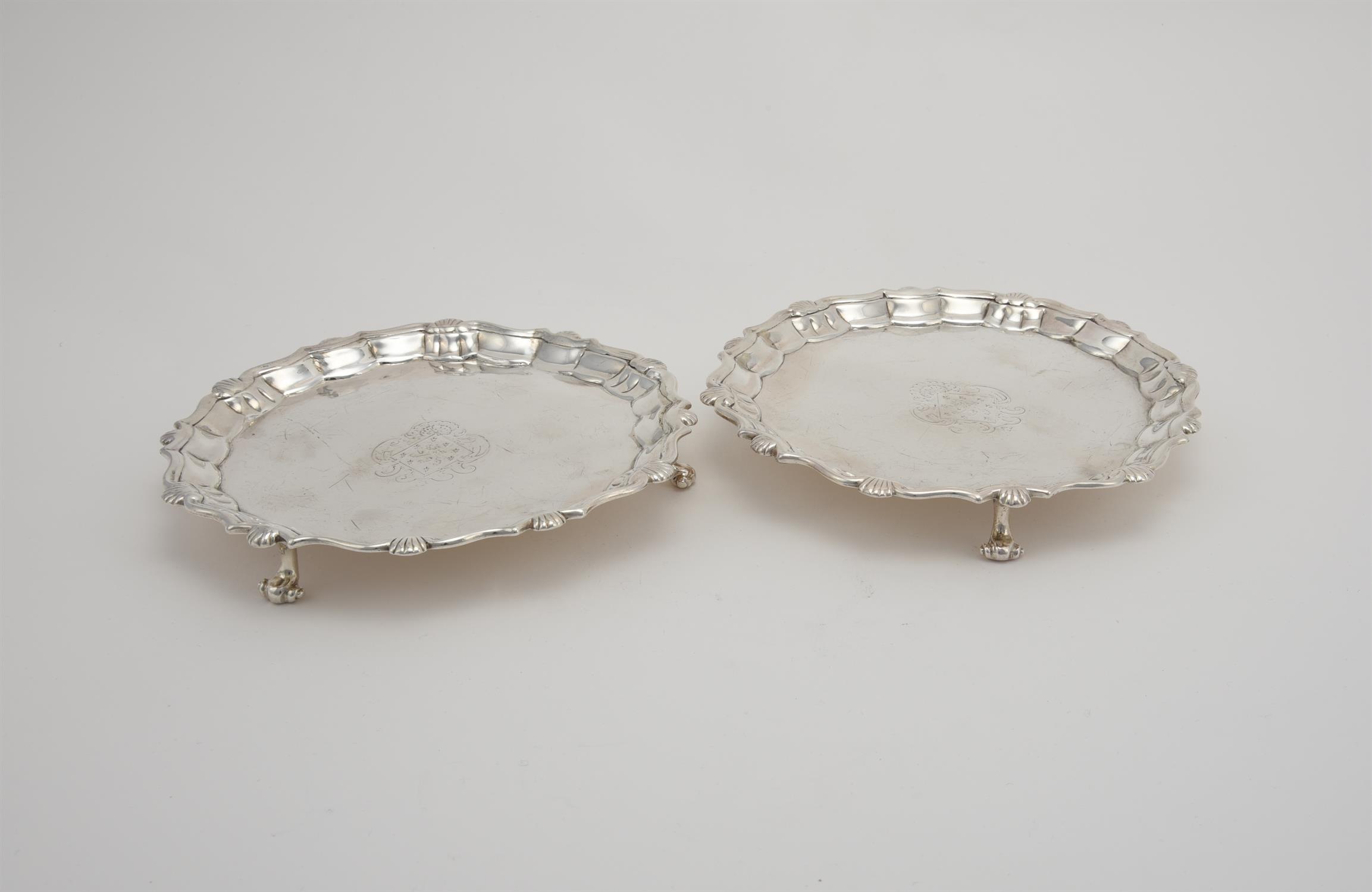 A pair of George II silver shaped circular waiters by Joseph Sanders - Image 2 of 3