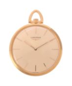 Longines, ref. 44509/12, a gold coloured keyless wind open face slimline pocket watch