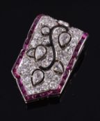 An Art Deco ruby and diamond clip brooch