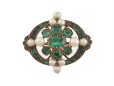 A late 19th century historical revival emerald and pearl brooch