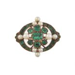 A late 19th century historical revival emerald and pearl brooch