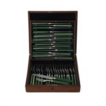 Y A set of eighteen William IV silver and green stained ivory dessert knives and forks by Aaron Hadf