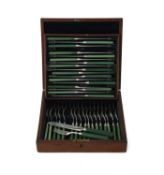 Y A set of eighteen William IV silver and green stained ivory dessert knives and forks by Aaron Hadf