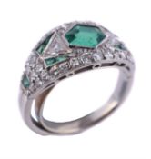 An Art Deco emerald and diamond dress ring