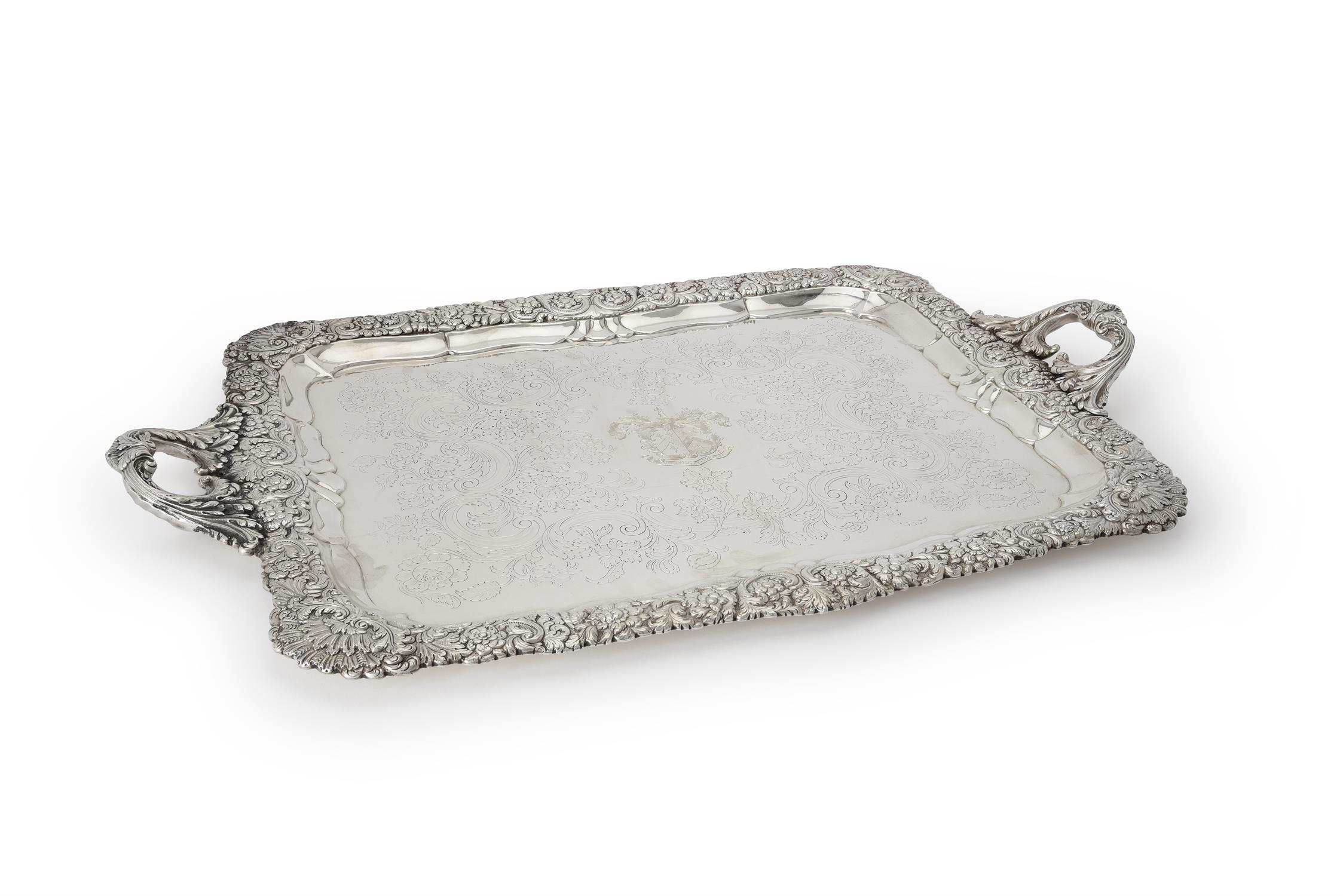 A George IV silver shaped rectangular twin handled tray by William Eaton