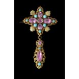 A Regency pink topaz and turquoise gold cannetille brooch/pendant