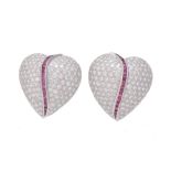 A pair of ruby and diamond heart shaped ear clips