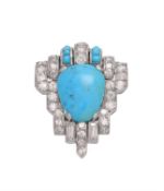 A French Art Deco turquoise and diamond clip brooch