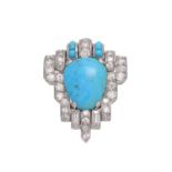A French Art Deco turquoise and diamond clip brooch